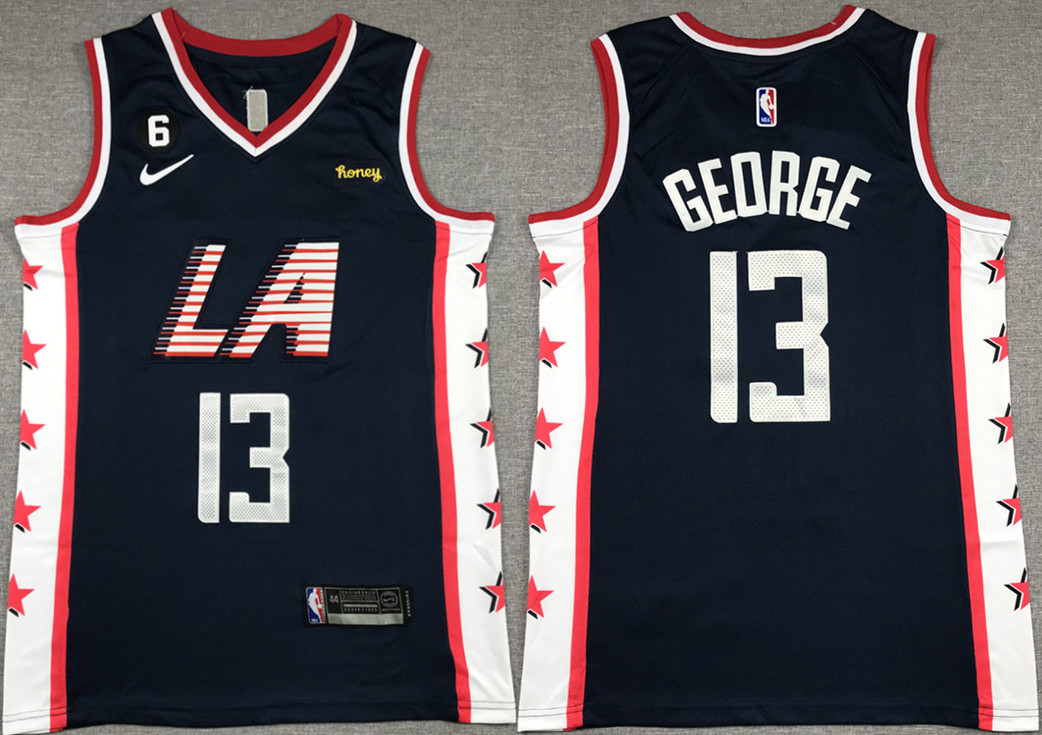 Men's Los Angeles Clippers #13 Paul George Navy 2022/23 City Edition With NO.6 Patch Stitched